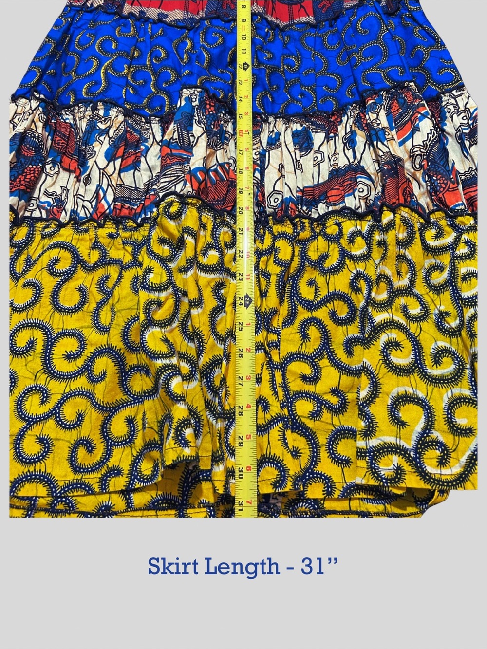 Boho Strapless Patchwork Midi Dress • Blue, Yellow & Pink African textile design - Picture 4 of 5